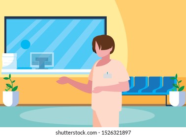 male medicine worker with uniform in hospital reception vector illustration design