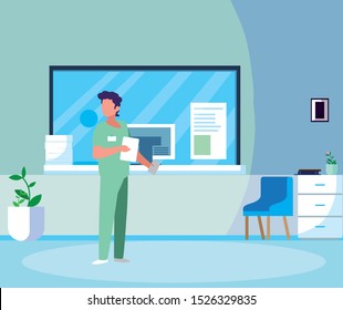 male medicine worker with uniform in hospital reception vector illustration design