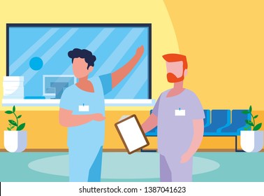 male medicine workers in clinic reception