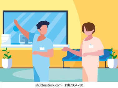 male medicine workers in clinic reception