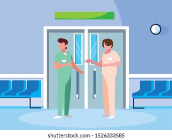male medicine workers in elevator door vector illustration design
