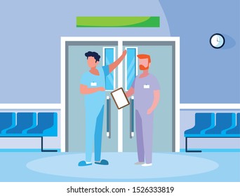 male medicine workers in elevator door vector illustration design