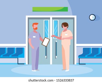 male medicine workers in elevator door vector illustration design