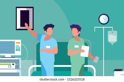 male medicine workers in operating theater vector illustration design