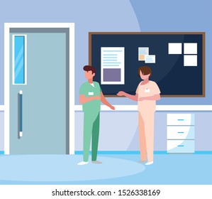 male medicine workers with uniforms in hospital corridor vector illustration design