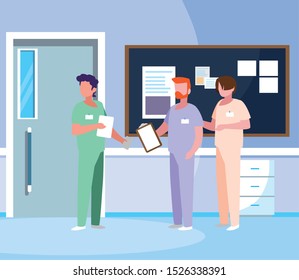 male medicine workers with uniforms in hospital corridor vector illustration design