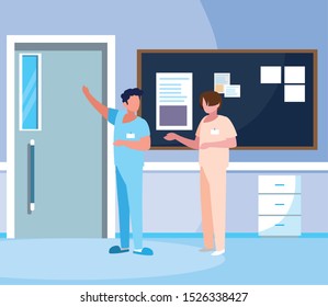 male medicine workers with uniforms in hospital corridor vector illustration design