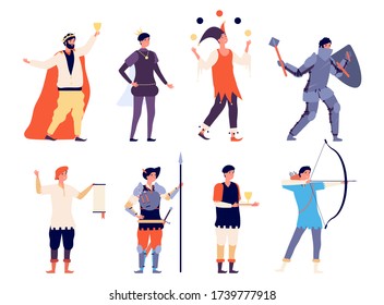 Male medieval characters. Flat king, prince jester knight. Isolated books or fairy tales heroes, historical men vector set