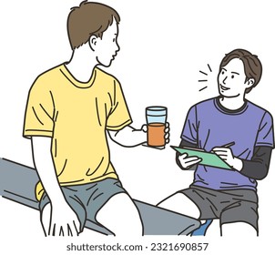 A male member who drinks protein to have a conversation with a male gym instructor
