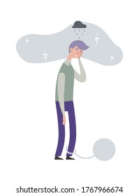 Male mental disorder. Tired man, frustrated and sad human. Flat boy, rainy cloud and bad health. Difficulties and obligations metaphor vector illustration