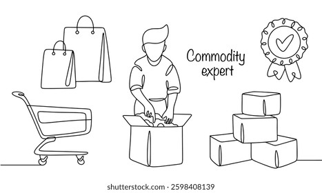 A male merchandiser deals with quality assessment, assortment, purchasing and storage of goods. He analyzes market trends, monitors compliance of goods with standards and organizes their deliveries.