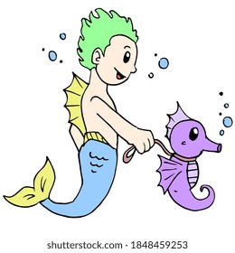 a male mermaid walking his pet seahorse for a walk. cartoon illustration sticker mascot emoticon