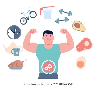 Proceso de metabolismo masculino. Entrenamiento regular, comida saludable, agua potable diaria. Reacción química y síntesis en el cuerpo humano, salud, estilo de vida y nutrición, escenario de Vector reciente
