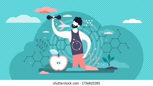 Male Metabolism Vector Illustration. Food To Energy Process.  Flat Tiny Person Concept. Nutrition Chemical Reactions In Organism Synthesis. Abstract Man Digestive Tract And Biochemistry Food Process.