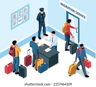 Male migrant workers with suitcases in migration service room 3d isometric vector illustration