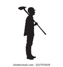 male miner. construction worker vector silhouette. wearing helmet wear pack and tools