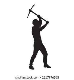 male miner. construction worker vector silhouette. wearing helmet wear pack and tools