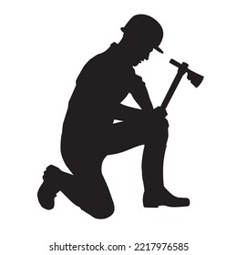 male miner. construction worker vector silhouette. wearing helmet wear pack and tools