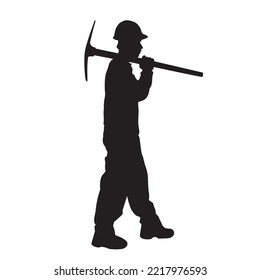 male miner. construction worker vector silhouette. wearing helmet wear pack and tools