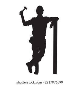 male miner. construction worker vector silhouette. wearing helmet wear pack and tools