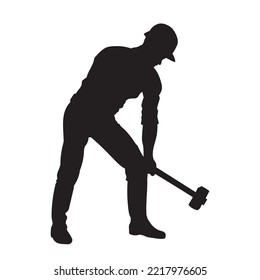 male miner. construction worker vector silhouette. wearing helmet wear pack and tools