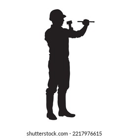 male miner. construction worker vector silhouette. wearing helmet wear pack and tools