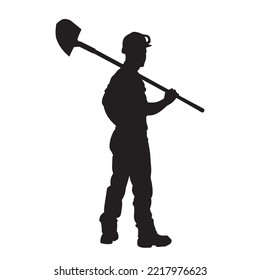 male miner. construction worker vector silhouette. wearing helmet wear pack and tools