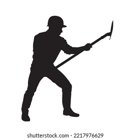 male miner. construction worker vector silhouette. wearing helmet wear pack and tools