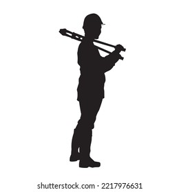 male miner. construction worker vector silhouette. wearing helmet wear pack and tools