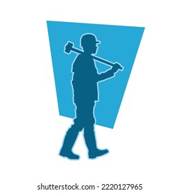 male miner. construction worker vector silhouette. wearing helmet wear pack and tools
