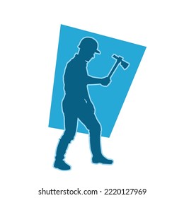 male miner. construction worker vector silhouette. wearing helmet wear pack and tools