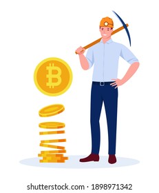 A male miner in a miner's helmet with a pickaxe. Stack of bitcoin coins. Vector concept in flat cartoon style. Isolated on a white background.