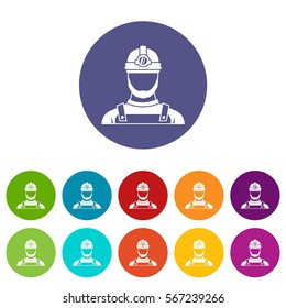 Male miner set icons in different colors isolated on white background