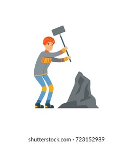 Male miner in uniform working at the coal mine with hammer, professional miner at work, coal mining industry vector Illustration