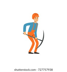 Male miner in uniform working with pickaxe, professional at work, coal mining industry vector Illustration