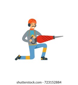 Male miner worker in uniform holding jackhammer, professional miner at work, coal mining industry vector Illustration