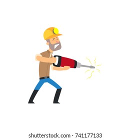 Male miner worker in uniform holding jackhammer, coal mining industry vector Illustration