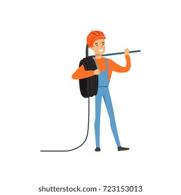Male miner worker in uniform standing with pickaxe and wire roll, professional miner at work, coal mining industry vector Illustration