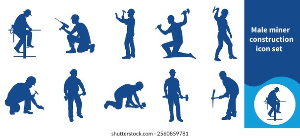 Male mining construction icon set, build, person, service, safe, silhouette, elevator, job, object, religious, boss, profession, woman, queen, architect, baby, blonde, housekeeper and more.