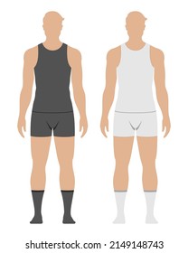 Male model with black and white mens underwear, vector illustration. White men dressed in undershirt, underpants, and socks, isolated on white background.