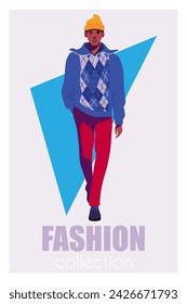 Male model dressed in haute couture clothing on fashion show. Flat vector poster