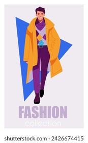 Male model dressed in haute couture clothing on fashion show. Flat vector poster