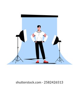 Male Model In Photography Studio In Flat Vector Illustration Symbolizing Fashion Photoshoot, Professional Modeling, And Studio Lighting, Isolated On White Background.