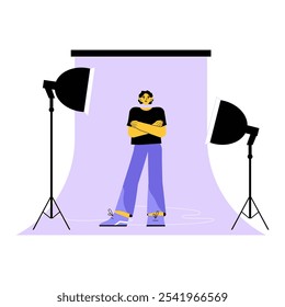 Male Model Posing In Studio With Professional Lighting In Flat Vector Illustration Symbolizing Fashion Photography, Modeling, And Creative Arts, Isolated On White Background