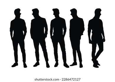 Male model silhouette bundle vector wearing sunglasses and fashion wear. Man designer silhouette collection with different poses. Male fashion designer silhouette set standing in different poses.