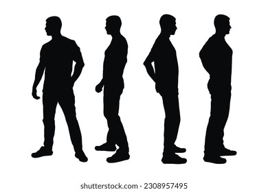 Male model standing in different positions silhouette set vector. Modern male model with anonymous faces silhouette. Men wearing t-shirts. Fashion model silhouette on white background.