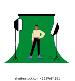 Male Model Standing On Photo Studio Set In Flat Vector Illustration Symbolizing Photography, Fashion Shoots, And Modeling, Isolated On White Background