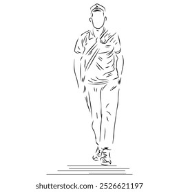 A male model walking and wearing a crossbody bag line art illustration