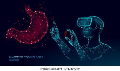 Male modern doctor operate human stomach cancer. Virtual reality assistance laser operation. 3D VR headset augmented reality glasses medicine online digital banner vector illustration