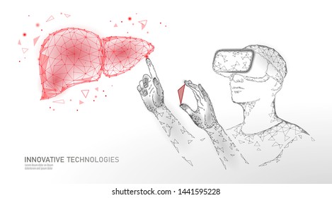Male modern doctor operate human liver. Virtual reality assistance laser operation. 3D VR headset augmented reality glasses medicine online digital banner vector illustration